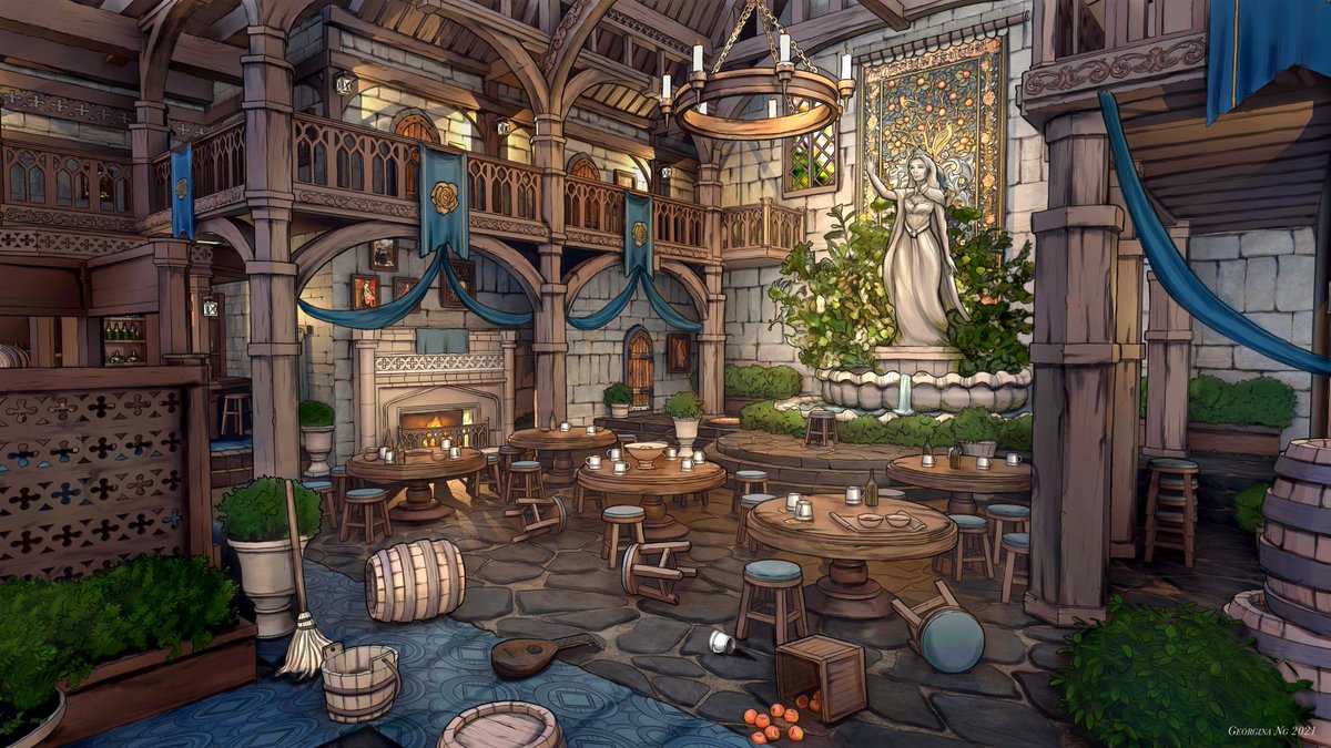 enceraen's tweet photo. Here's a design from a project I did earlier this year - my take on the common room of the Queen's Blessing from Robert Jordan's Wheel of Time series. I tried to make a cosy, welcoming environment that people would want to visit in a game or in real life! #conceptart https://t.co/qOjykDd21z
