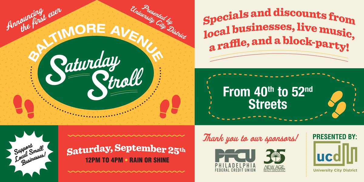 ucdphl's tweet photo. This Saturday, September 25th head to Baltimore Avenue for the first-ever Saturday Stroll! Businesses from 40th to 52nd will offer special deals, plus there will be live music, activations, and a block party! Read more: https://t.co/ev1pcAYVLj https://t.co/YxD4Ct2t2L