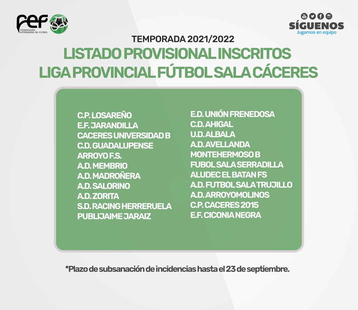 📌Listados provisionales de 📝EQUIPOS INSCRITOS en 🏆LIGA PROVINCIAL de #FútbolSala🥎 (Badajoz y Cáceres) para la Temporada 2021/2022 | 📆Plazo de subsanación de incidencias hasta el 23 de septiembre #JugamosEnEquipo