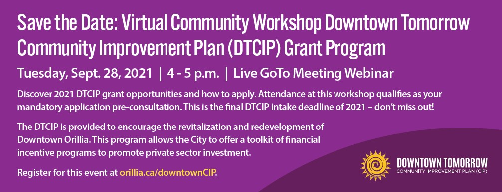 Orillia EDO (@orilliaedo) on Twitter photo #Orillia property owners & tenants in the downtown core, sign up for the #DowntownTomorrow CIP Grant Program virtual community workshop.
DATE: Tuesday, Sept. 28, 2021
TIME: 4 to 5 p.m.
WHERE: Live GoTo Webinar
HOW: Register online at orillia.ca/downtownCIP
<a href="/OrilliaDowntown/">Downtown Orillia BIA</a> #Orillia property owners & tenants in the downtown core, sign up for the #DowntownTomorrow CIP Grant Program virtual community workshop.
DATE: Tuesday, Sept. 28, 2021
TIME: 4 to 5 p.m.
WHERE: Live GoTo Webinar
HOW: Register online at orillia.ca/downtownCIP
<a href="/OrilliaDowntown/">Downtown Orillia BIA</a>
