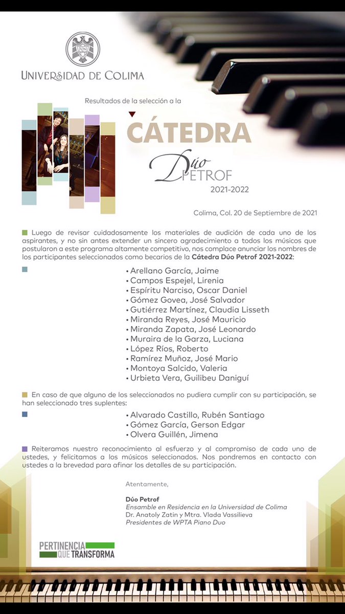 DuoPetrof's tweet photo. Les compartimos los resultados de la selección a la Cátedra Dúo Petrof 2021-2022. https://t.co/3W6MxJs3sA
