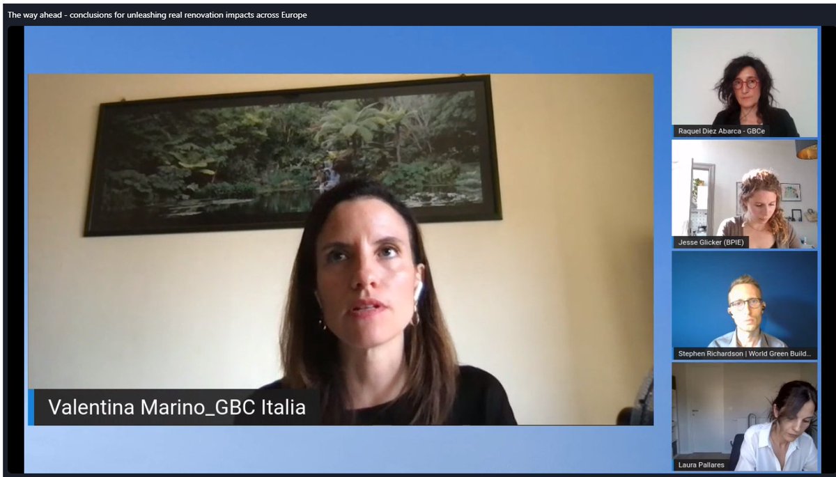 WorldGBC_Europe's tweet photo. In our final #BUILDUPON 2 Summit session we're summarising the discussion of our 4 thematic streams with @ValentinaGBCita, Raquel Diez @GBCEs, Jesse Glicker @BPIE_eu & Laura Pallares @WorldGBC
Topics from #resilience to #WholeLifeCarbon to the digitization of the BU2 Framework https://t.co/eY9EWULLyI