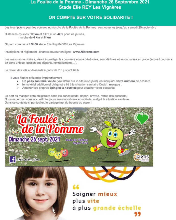 Ce dimanche 26 septembre, les bénévoles de l'association @AvenQuunoVido organisent la Foulée de la Pomme en faveur de la recherche sur les maladies rares et génétiques.
Rejoignez-les pour des courses et marches de 12 et 4 kms (dép 84)
>> Inscription sur nikrome.com
