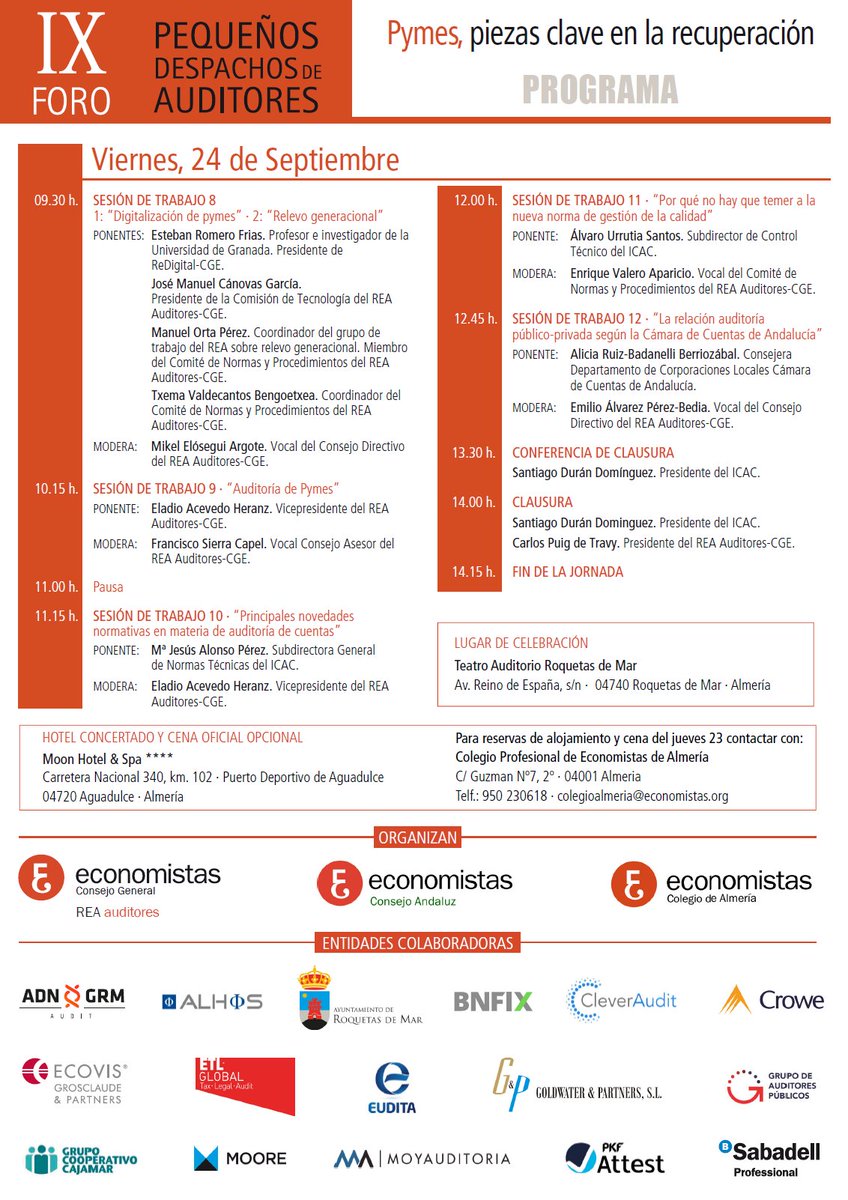 #ForoPymesAuditoria: Sesiones del viernes 24 de septiembre de 2021 - IX Foro Nacional de Pequeños Despachos de Auditores, "Pymes, piezas clave en la recuperación". #Auditoria #RLAC #Sostenibilidad #AuditoriaPublica #Concursal
buff.ly/3izIHnO
