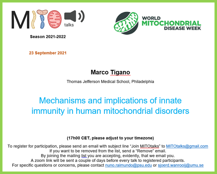 MitOtalks's tweet photo. It's the World #Mitochondrial #Disease Week, so the timing is perfect to hear our next speaker @MarcoTigano talking about innate immunity in mitochondrial disorders.

Shout out to @UMDF for spearheading mitochondrial disease awareness and research (we borrowed your week logo). https://t.co/w4QpnbgOuk