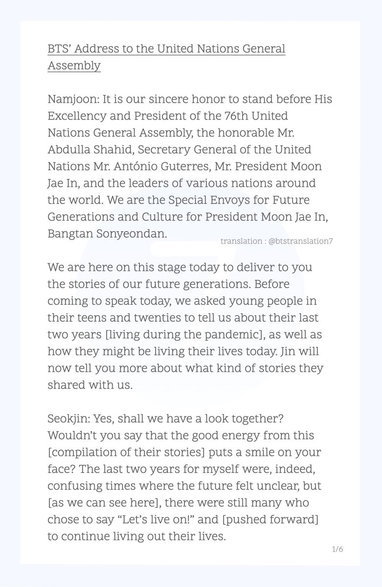 btstranslation7's tweet photo. translation of @bts_twt's 210920 address to the @UN on the stories of the #YouthToday
(as special presidential envoys for future generations &amp; culture) https://t.co/ZZCiADzBx6