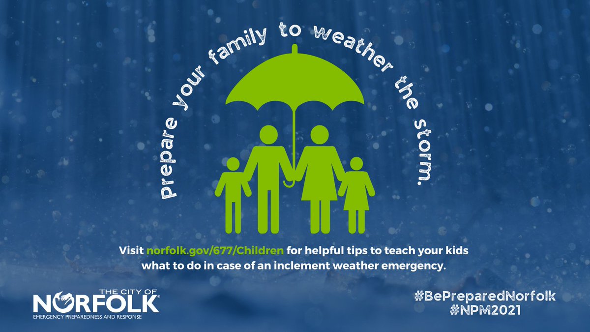 NorfolkOEM's tweet image. For week 4 of #NPM2021, make it a point to schedule a time to talk to your kids about preparing for emergencies. Don't know where to start? We've got you covered. Check out norfolk.gov/677/Children to learn fun ways to teach your kids about preparedness.