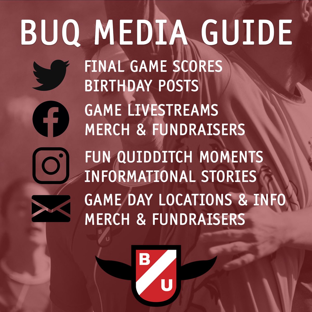 Your guide to everything BUQ media! Announcing our new mailing list for fans who want to come to games and know when we play! Sign up at the link in our bio🐾