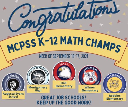 Congratulations to our @MobilePublicSch Math Champs for this week! They recorded the highest @HMHCo student math usage. Great work! @evans_panthers @MGM_Vikings @WilmerWildcats @HallElementary @robbinsleopards