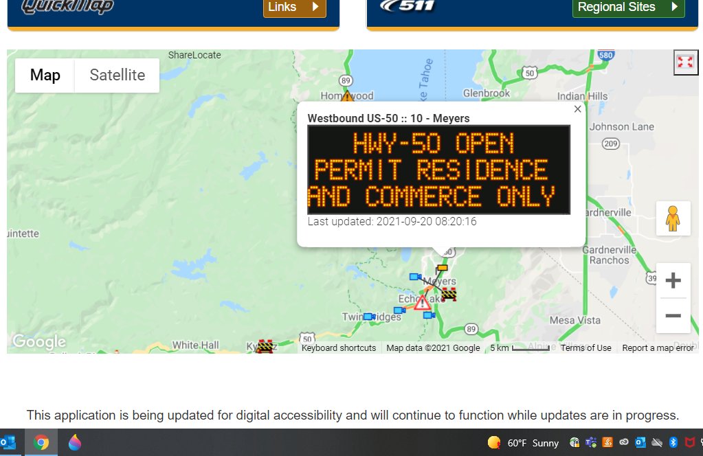 Highway 50 in the #CaldorFire evacuation zone between Kyburz and Meyers is open for commerce and local residents only today. Property owners need to obtain a permit from <a href="/ElDoradoSheriff/">El Dorado Sheriff</a> at the Chevron in Fresh Pond (EB) or 1834 Santa Fe Road, Meyers (WB). <a href="/EldoradoNF/">EldoradoNF</a>