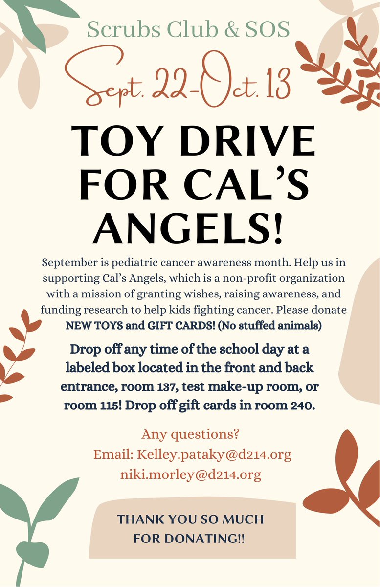 Hersey's Scrubs Club and SOS are hosting a Toy Drive for Cal's Angels from Wednesday, 9/22 through Wednesday, 10/13! There will be Toy Collection Boxes at the front and back entrances, Health Science room 137, SOS room 115, and test make-up in the ARC. 
<a href="/HerseyHuskies/">Hersey High School</a> <a href="/Hersey_SOS/">Hersey SOS</a>