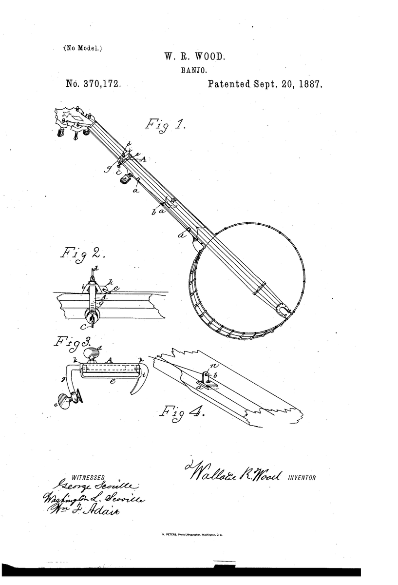 AdamMossoff's tweet photo. On this date in the history of the #creative industries: Wallace Wood receives a #patent in 1887 for his #invention of new banjo (modern 5-string banjo first invented by Joel Walker Sweeney sometime in the 1800s) #InnovationIsCreative #CreativityIsInnovative #PatentsMatter @uspto https://t.co/si2SLraAe7