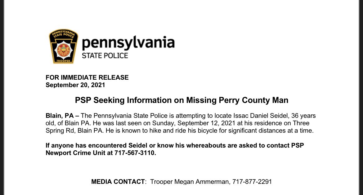 PA PA Isaac Seidel, 36, Blain, Perry Co, 12 Sep 2021 sleuths