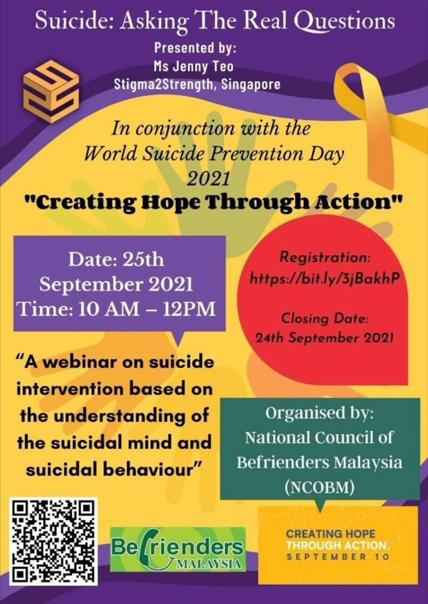 Have you registered? Please join us to educate and raise awareness about suicide and mental health conditions. Register now at bit.ly/3jBakhP

#WSPD2021
#SuicidePreventionMonth
#befrienders
