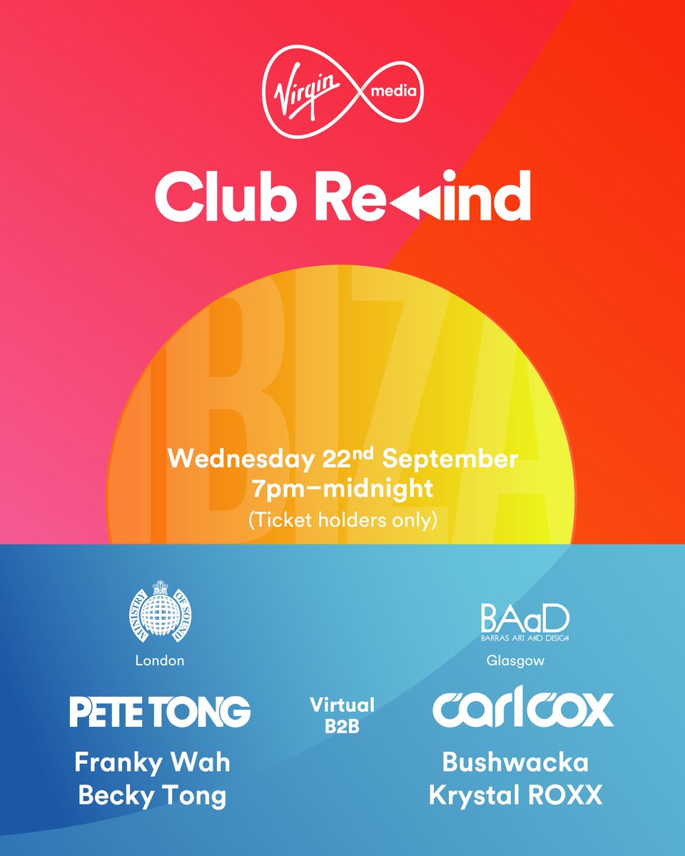 Looking forward to this one! Tomorrow night I’ll be going back-to-back with @petetong and... we’ll be in different venues, over 600 km apart! If you’re a lucky winner who bagged tickets, expect an inter-connected club experience you’ll never forget 😎😎

#ClubRewind @virginmedia