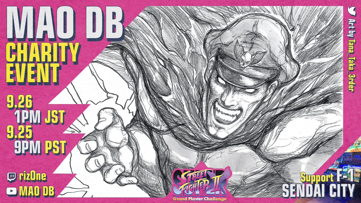 <a href="/maobal/">Manuel Obregon</a> will be hosting MAO DB Charity Event this weekend, featuring some of the strongest Japanese players!

There will be a <a href="/matcherino/">Matcherino</a> to support F-1 Arcade in Sendai City and stretch goals so you can expect an amazing event.

More details soon.

Art by <a href="/tana_taka_3rder/">tana-taka タナタカ ✍️Commiss OPEN</a>