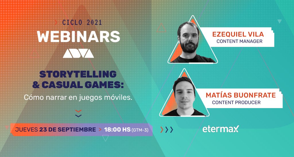 💣¡Vuelven los Webinars! 🤩
Este Jueves 23 de Septiembre a las 18 hs vamos a tener una charla imperdible con Ezequiel Vila y Matías Buonfrate de <a href="/etermax/">etermax</a>  sobre Storytelling &amp; Casual Games: Cómo narrar en juegos móviles.
🔗Inscriite > bit.ly/WEBINARetermax…