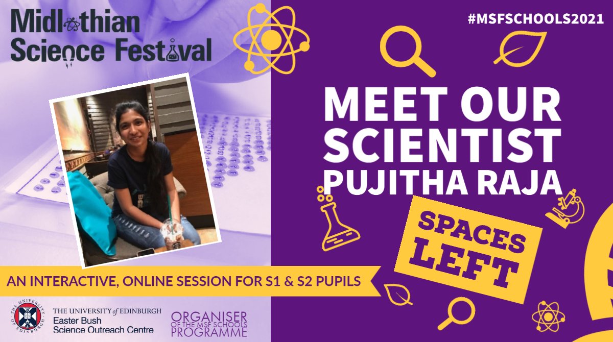 EBSOClab's tweet image. Are you a @midgov high school? Want your S1 &amp;amp; S2 pupils to meet with a Pujitha Raja? Ask her questions about her research and career? 
You can book a live, online, interactive session with her through the #MSFschools2021 programme!
Book now! edin.ac/3CRVsDl