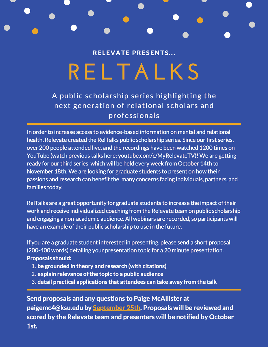 MyRelevate's tweet photo. Today's the day! Proposals to present a #RelTalk are due tonight. We are so excited to hear from the amazing grad students out there! #gradschool #PublicScholarship https://t.co/WKdUR95gGT