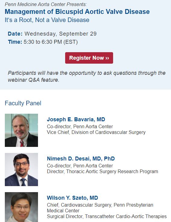 Penn Cardiology (@penncardiology) on Twitter photo Don't miss it👀: Bicuspid Aortic Valve Disease - It's a Root, Not a Valve Disease 🗓️ 09/29/21⚡️Free webinar features #PennAorta's <a href="/BavariaMd/">Joe Bavaria, MD</a> & <a href="/NimeshDesaiMD/">Nimesh Desai MD PhD</a>
Register: bit.ly/BAVDWebinar
#aorticdisease #aorticsurgery #aorticaneurysm #aorta #aortaEd Don't miss it👀: Bicuspid Aortic Valve Disease - It's a Root, Not a Valve Disease 🗓️ 09/29/21⚡️Free webinar features #PennAorta's <a href="/BavariaMd/">Joe Bavaria, MD</a> & <a href="/NimeshDesaiMD/">Nimesh Desai MD PhD</a>
Register: bit.ly/BAVDWebinar
#aorticdisease #aorticsurgery #aorticaneurysm #aorta #aortaEd