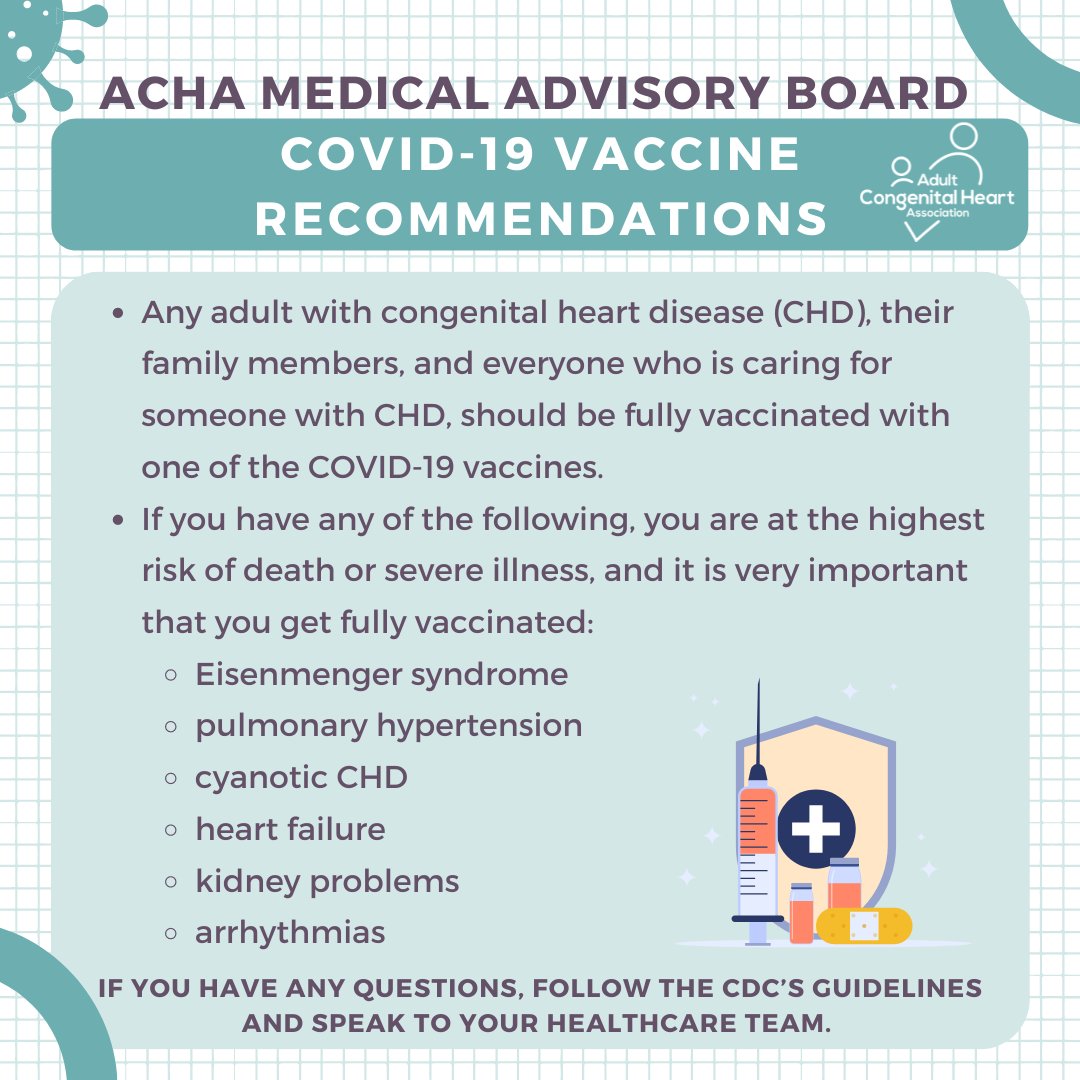 ACHA_Heart's tweet photo. In light of the widespread #DeltaVariant, the #ACHA Medical Advisory Board has released a set of #COVID19 vaccine recommendations for #ACHD patients.

Additional resources: 
• https://t.co/S08P0hCsc4
• #CDC Guidelines: https://t.co/OOFTCxBT4y
#CHDCare4Life #COVIDVaccine @CDCgov https://t.co/YWsw55C440