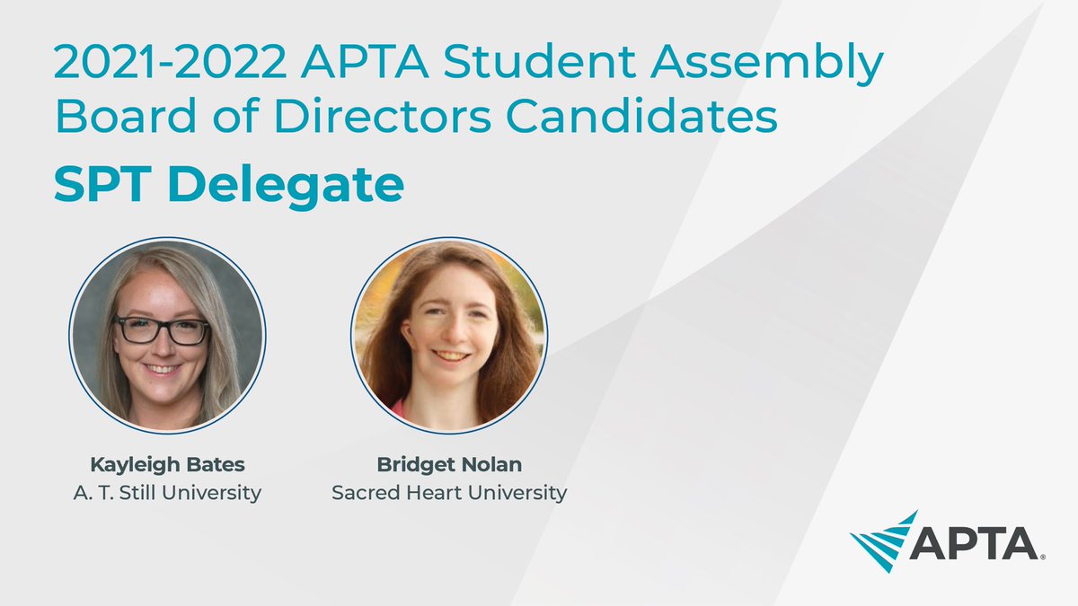 The Student Assembly Board of Directors represents all student members of APTA. 22 students are running for 9 positions on the board, and over the next month we'll introduce you to all of them.

Voting opens Oct. 7!

bit.ly/3ifevMn