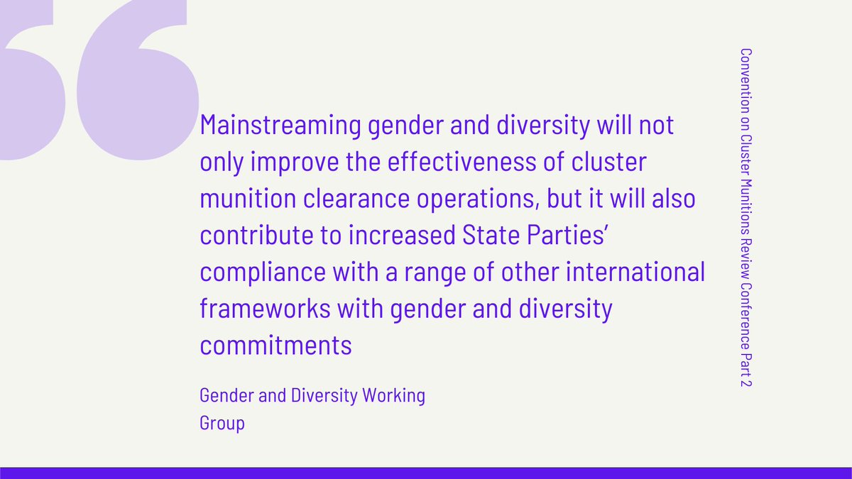 theGICHD's tweet image. The Gender and Diversity Working Group, of which the GICHD is a member, delivered a statement at the @ISUCCM #CCM2RevCon reiterating the importance of #clustermunition clearance operations, #riskeducation and victim assistance that include and benefit all.
