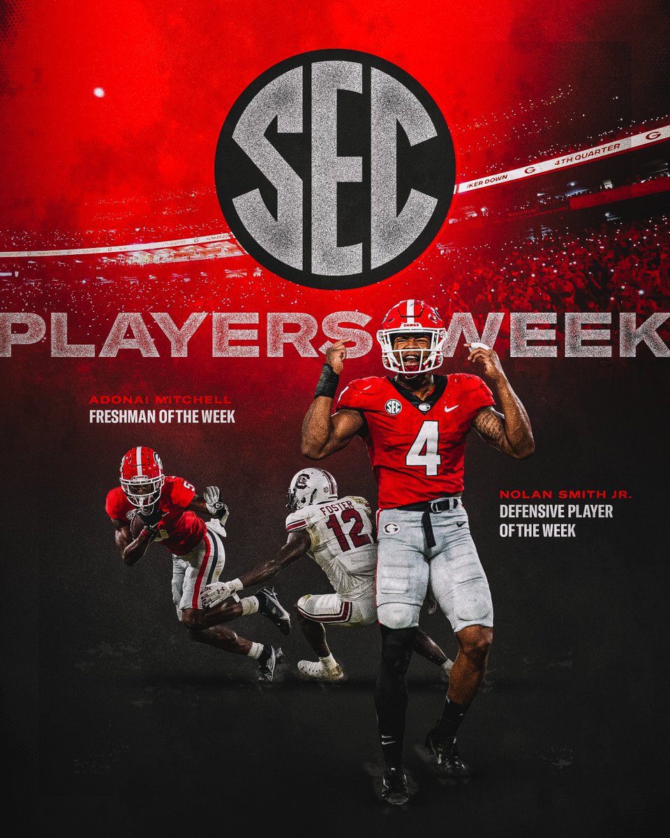 GeorgiaFootball's tweet image. .@SEC 𝗪𝗘𝗘𝗞𝗟𝗬 𝗛𝗢𝗡𝗢𝗥𝗦:

𝗗𝗘𝗙𝗘𝗡𝗦𝗜𝗩𝗘 𝗣𝗟𝗔𝗬𝗘𝗥 𝗢𝗙 𝗧𝗛𝗘 𝗪𝗘𝗘𝗞:
@SmithNoland2

𝗙𝗥𝗘𝗦𝗛𝗠𝗔𝗡 𝗢𝗙 𝗧𝗛𝗘 𝗪𝗘𝗘𝗞:
@MoCityMitch

#ATD #GoDawgs