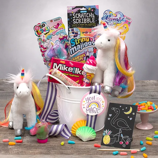 You Are Magic! Gift Bucket

Plush Unicorn (Senna) by Douglas
Tropical Typhoon Mike and Ike's by Just Born
Mega Smoothie Smarties by Smarties 
Candy Ice Cream Twist 'n Lik by Koko's
Grow Mermaid Toy
Chinese Jump Rope
Unicorn Ooze
gourmetgiftbaskets.com/You-Are-Magic-…