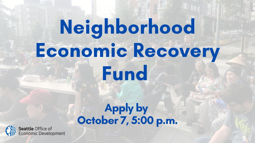 Got questions on applying to the Neighborhood Economic Recovery Fund? Get them answered by joining <a href="/SeattleEconomy/">Seattle OED</a> for the 3rd Virtual Information Session, Sept. 21, 10 - 11 a.m.! 

RSVP ➡️ ow.ly/cLgh50G9Qbu

For more information 👇seattle.gov/neighborhoodre…