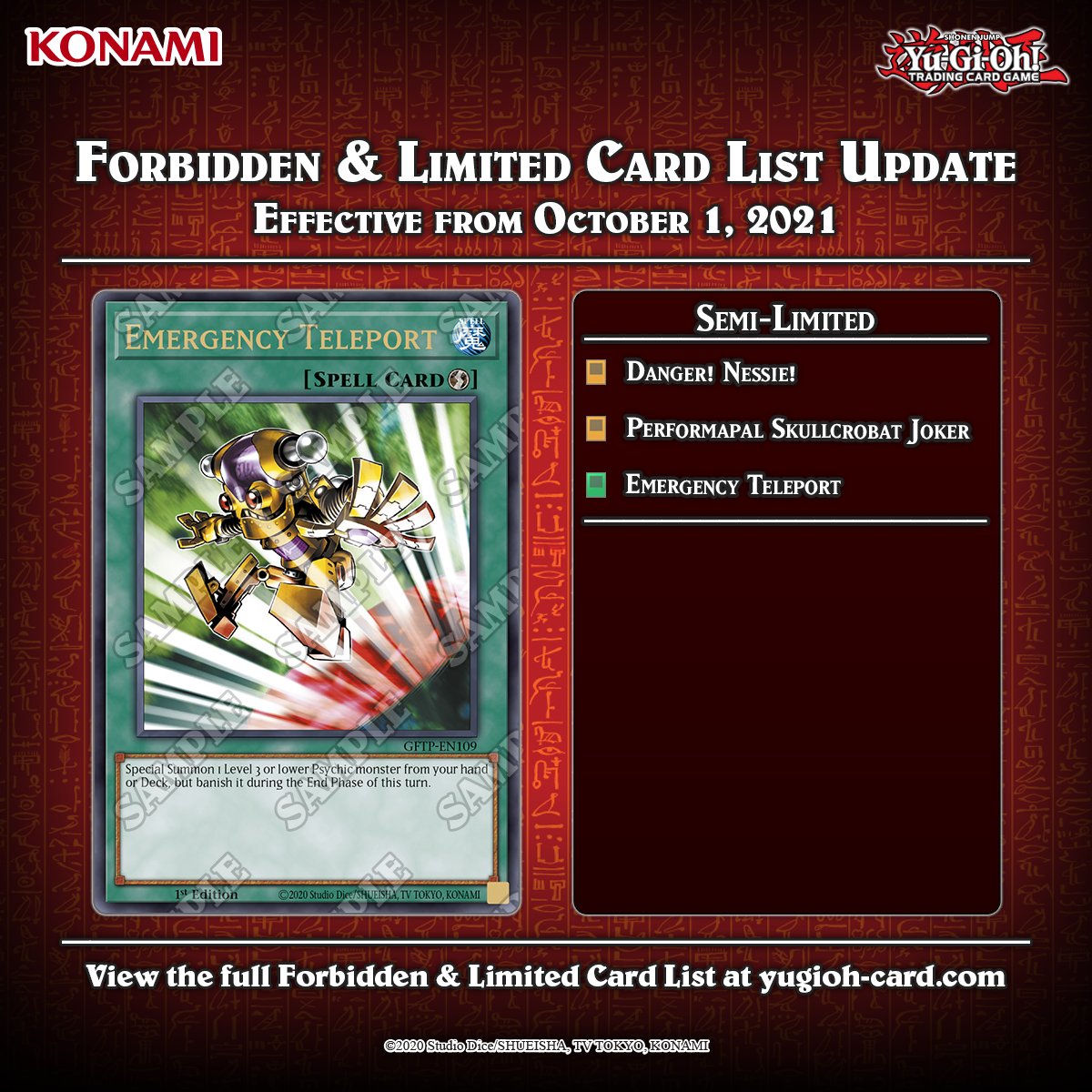 Attention Duelists!  The #YuGiOhTCG Forbidden & Limited List has been  updated! These changes go into effect on October 1, 2021. The full list can  be found at: https://t.co/lF0Ap9Fpbl #YuGiOh