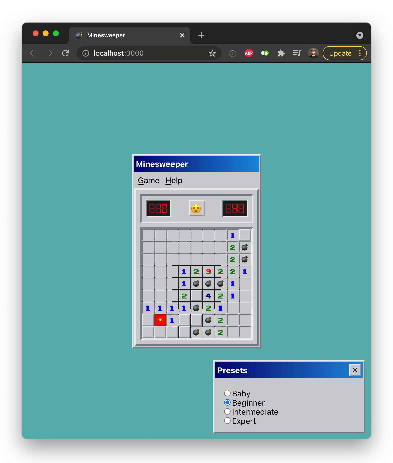 Screenshot of the minesweeper game styled *extremely* close to the Windows 98 version