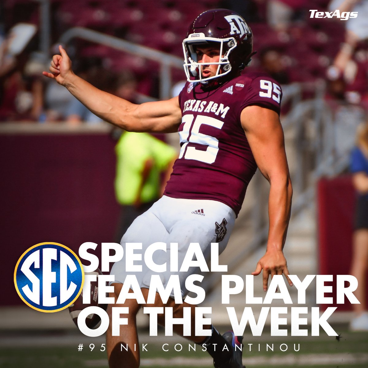 Your SEC Special Teams Player of the Week for his performance against New Mexico is @nikyc100 #GigEm