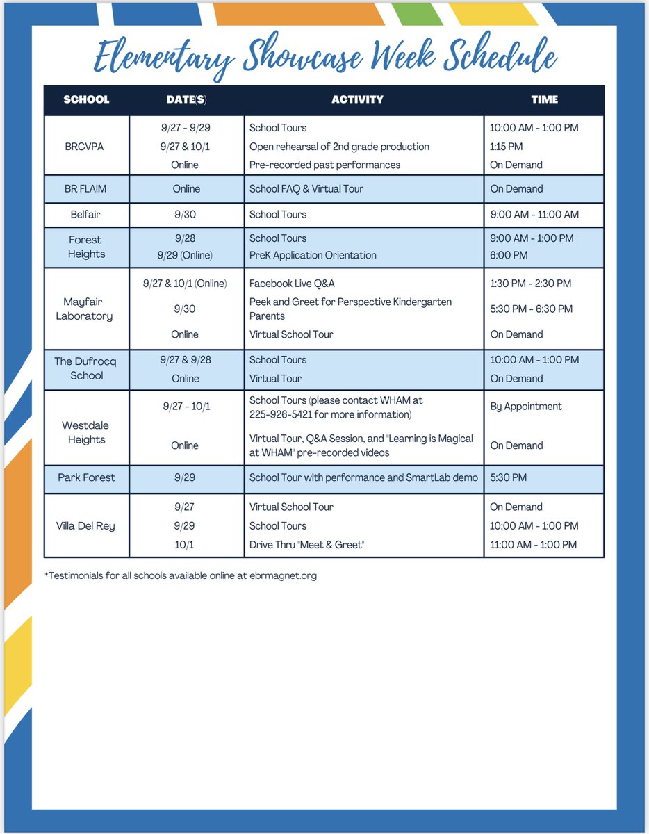 EbrMagnet's tweet photo. It's that time again, Magnet Showcase Week. Check out the schedule of activities and find the schools that you are interested in. These showcases will allow you an opportunity to learn more about each school's program.  Call 225-922-5443 for any questions. #ebrmagnet #ebrschools https://t.co/Hhv3pLzZGe
