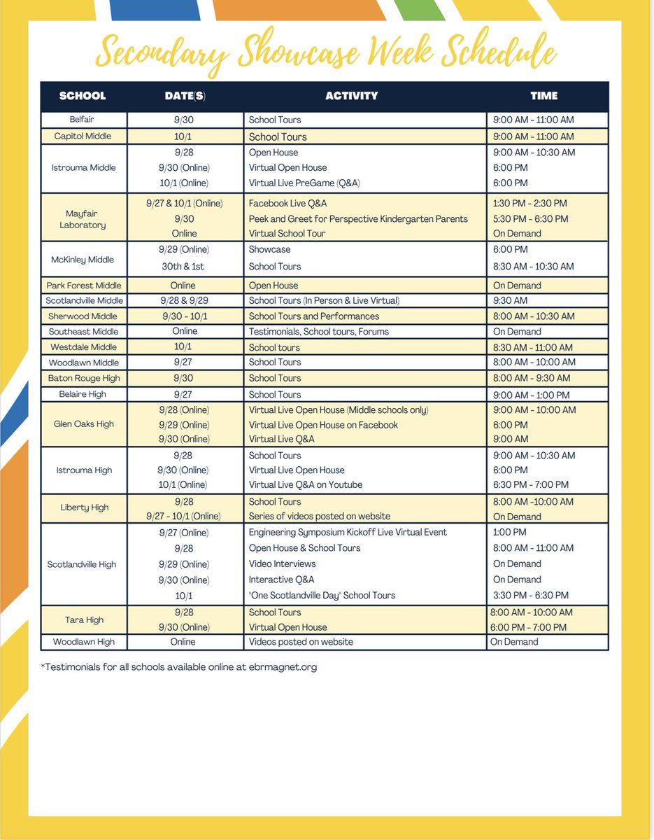 EbrMagnet's tweet photo. It's that time again, Magnet Showcase Week. Check out the schedule of activities and find the schools that you are interested in. These showcases will allow you an opportunity to learn more about each school's program.  Call 225-922-5443 for any questions. #ebrmagnet #ebrschools https://t.co/Hhv3pLzZGe