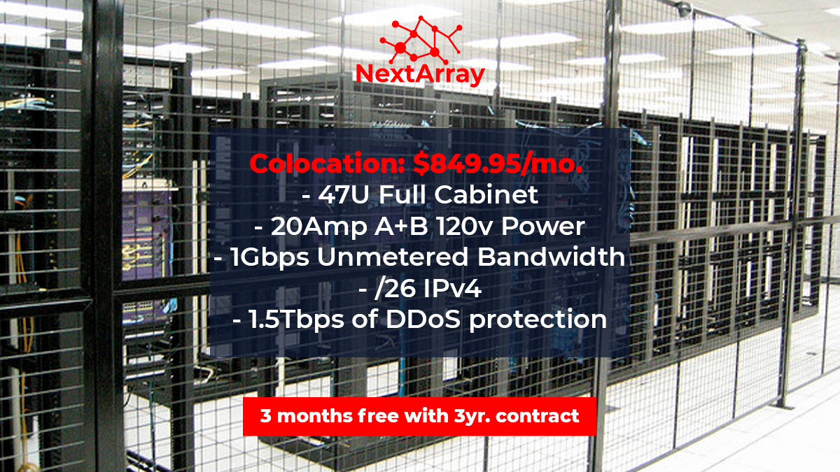 NextArray's tweet photo. Looking for a great deal! https://t.co/Ma6a3yrNRL is offering 3 months Free of Full Cabinet Colocation in our Dallas Infomart location. This deal can be used on multiple cabinets as well. Contact us today to learn more. 
@webhostingtalk @webhostingbuzz @datacentercolo @ubuntu https://t.co/geekv1RzSt