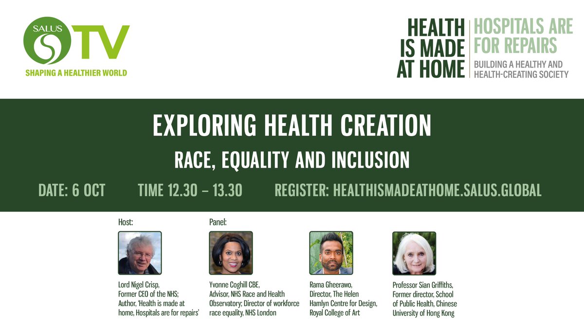 HealthMadeHome's tweet photo. The 4th webinar in the Exploring health creation series has been launched titled 'Race, equality and inclusion' 

@yvonnecoghill1 will explore the work of the NHS Race and Health Observatory to tackle ethnic inequalities in health and care

Register here: https://t.co/7dnV7vmGWP https://t.co/9NFCed17xF