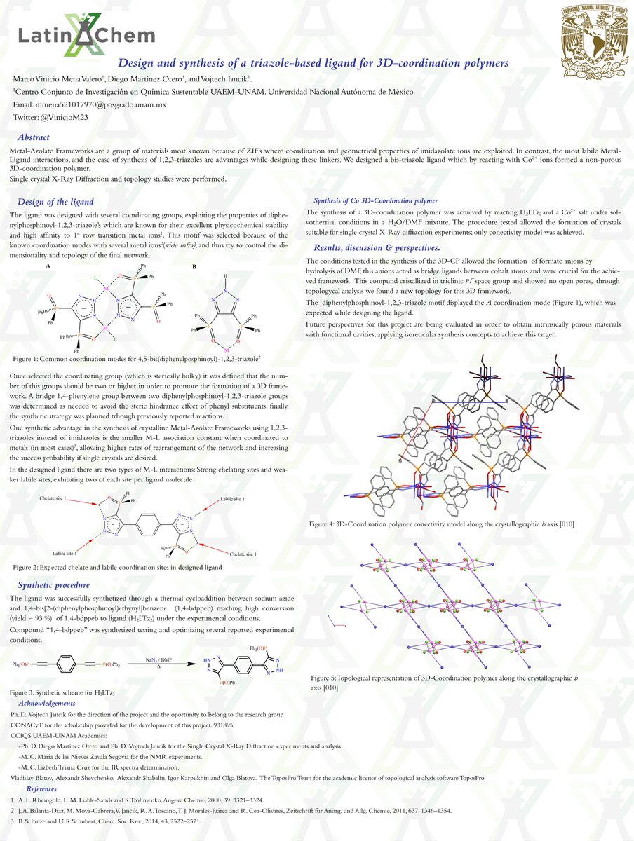 VinicioM23's tweet photo. Hi @LatinXChem, this is my work "Design and synthesis of a triazole-based ligand for 3D-coordination polymers"
#LatinXChem #LXChemInorg #Inorg051
Any questions are welcome https://t.co/ZOztVUWxZs