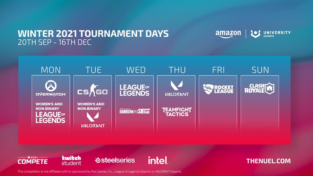SHUEsports's tweet photo. The Winter split schedules are live for @nse_gg &amp; @theNUEL! 🎮❄️

We compete in all titles, with teams of varying skill level, if you’re joining us this month, why not get involved? 

Discord: https://t.co/JrscCyGfUQ https://t.co/7E3AXXqj72