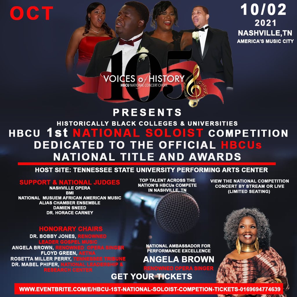 105Voices's tweet photo. Join the @105Voices on October 2nd for the 1st National Soloist Competition dedicated to the official #HBCUs!

Purchase Live Streaming Tickets TODAY!
https://t.co/pJc5wNjAIA

#WeAre105
#105VoicesofHistory https://t.co/f4Z34U5mGI