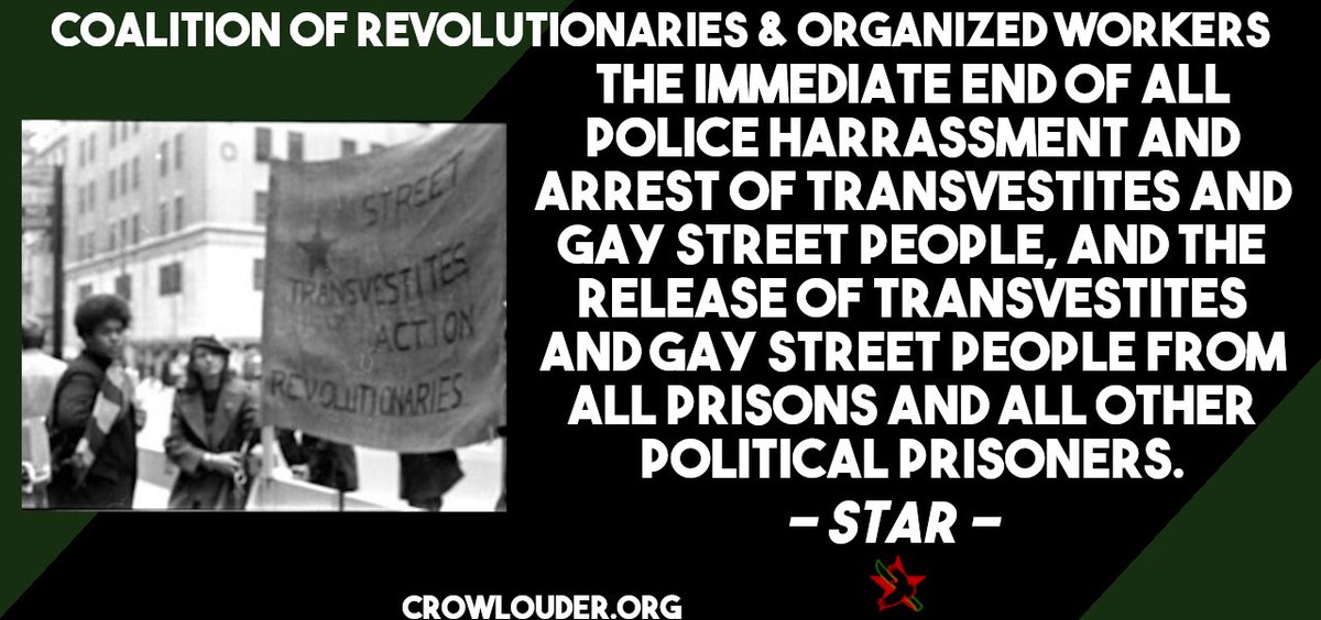 CROW_GC's tweet photo. We honor the legacies of revolutionaries Marsha P. Johnson &amp; Sylvia Rivera, founders of the radical political collective STAR, who clearly recognized that the fight against policing &amp; prisons and the fight for sexual &amp; gender autonomy go hand in hand.

https://t.co/CewRvjKTh1 https://t.co/uGbX8aDmFr