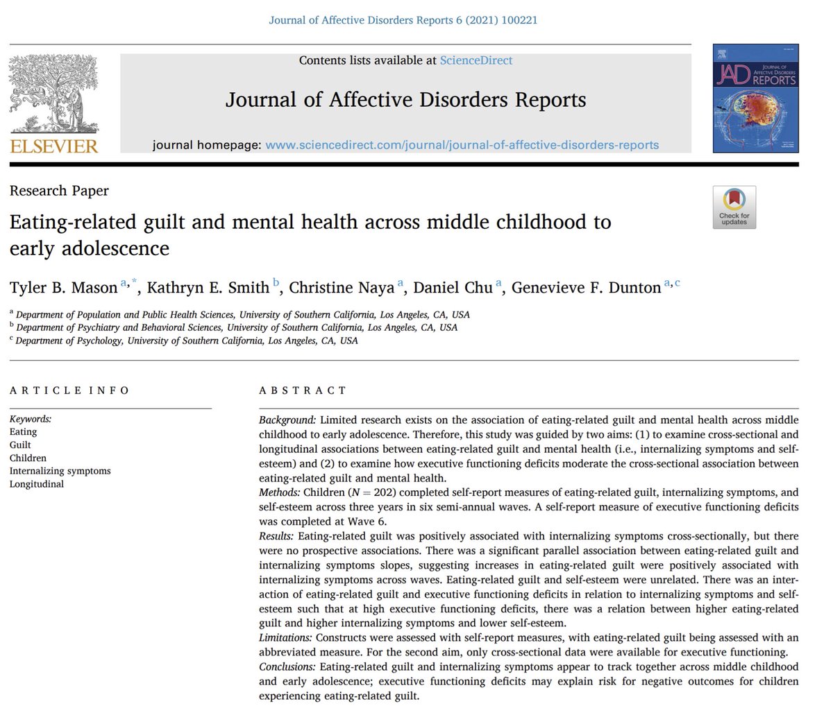 Christine Hotaru Naya, PhD, MPH (@christinenaya) on Twitter photo Check out our paper by Dr. Tyler Mason examining the longitudinal association between eating-related guilt and mental health in children! #MentalHealthMatters
<a href="/GenevieveDunton/">Genevieve Dunton, PhD, MPH</a> <a href="/uscpphs/">Population and Public Health Sciences at USC</a> <a href="/SbmStudents/">SBM Students</a> <a href="/SBMObesityEDs/">SBMObesityEDs</a> <a href="/BehavioralMed/">SBM</a>
doi.org/10.1016/j.jadr… Check out our paper by Dr. Tyler Mason examining the longitudinal association between eating-related guilt and mental health in children! #MentalHealthMatters
<a href="/GenevieveDunton/">Genevieve Dunton, PhD, MPH</a> <a href="/uscpphs/">Population and Public Health Sciences at USC</a> <a href="/SbmStudents/">SBM Students</a> <a href="/SBMObesityEDs/">SBMObesityEDs</a> <a href="/BehavioralMed/">SBM</a>
doi.org/10.1016/j.jadr…