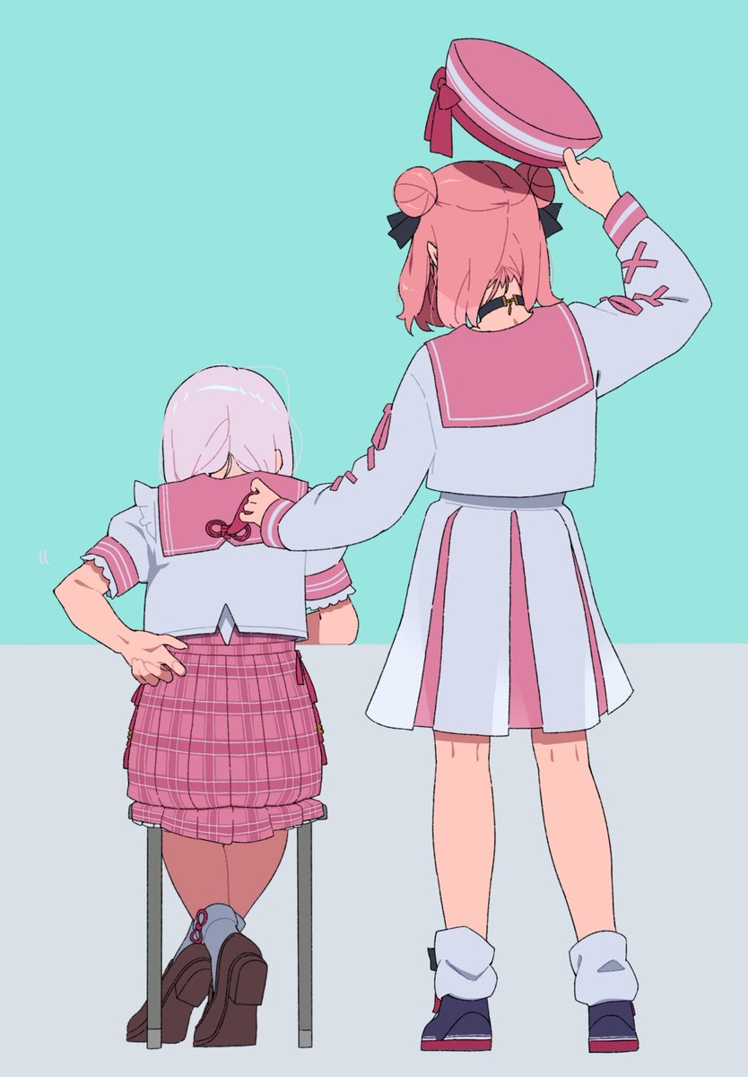 sasaki saku multiple girls 2girls pink sailor collar pink hair skirt pink skirt hair bun  illustration images