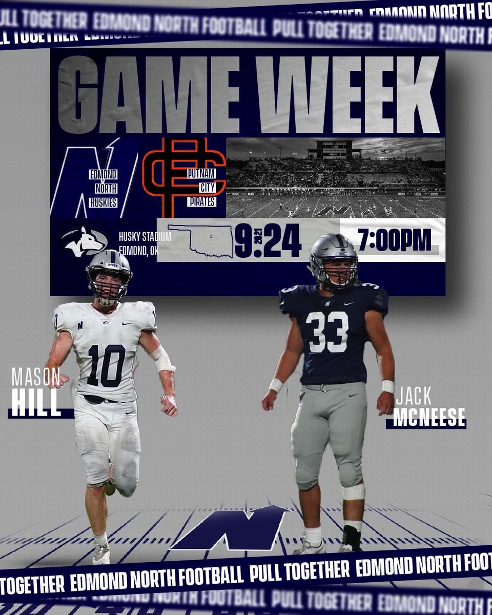 EdmondNorthFB's tweet photo. First district game ✅

Vs PCO
@ Husky Stadium 
7:00 o’clock Kickoff 

#PullTogether https://t.co/E81n80hnSo