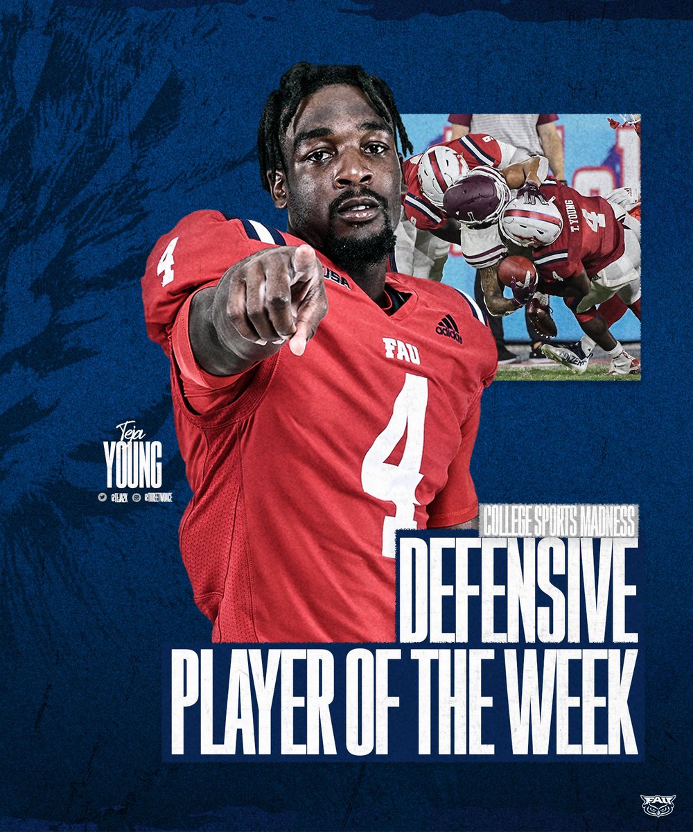 FAUFootball's tweet photo. 💪 @teja2k is the College Sports Madness @ConferenceUSA Defensive Player of the Week. 

#WinningInParadise https://t.co/lm1F6nHfmv