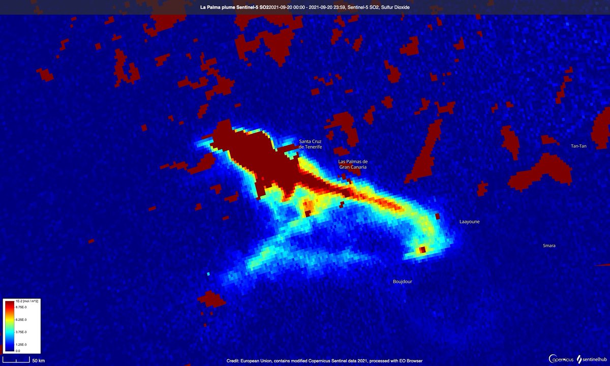 @CopernicusEMS @CabLaPalma @Marianohzapata @UMEgob @IGNSpain @VOSTcanarias @VickyPalmaMeteo @involcan @AEMET_Canarias @PresiCan @proteccioncivil Today's #Sentinel5 shows the SO2 plume. #LaPalma image via @sentinel_hub