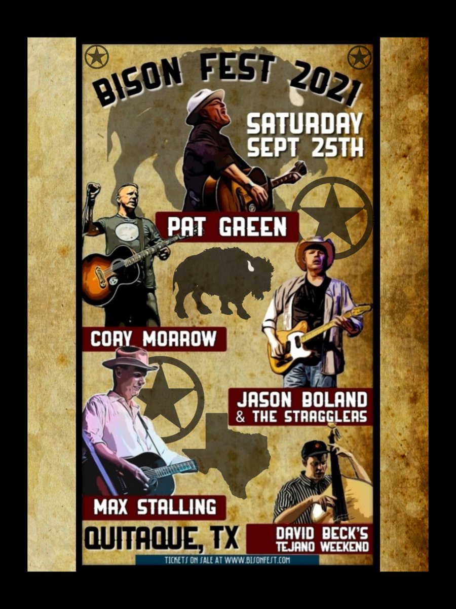 maxstalling's tweet photo. Looking forward to this one!
Bison Fest 2021!
Saturday Sept 25.
See you in Quitaque!
#bisonfest @PATGREENMUSIC @corymorrowband @tejanoweekend @shinerbeer #elibuddy https://t.co/Wi9fJXvDJb