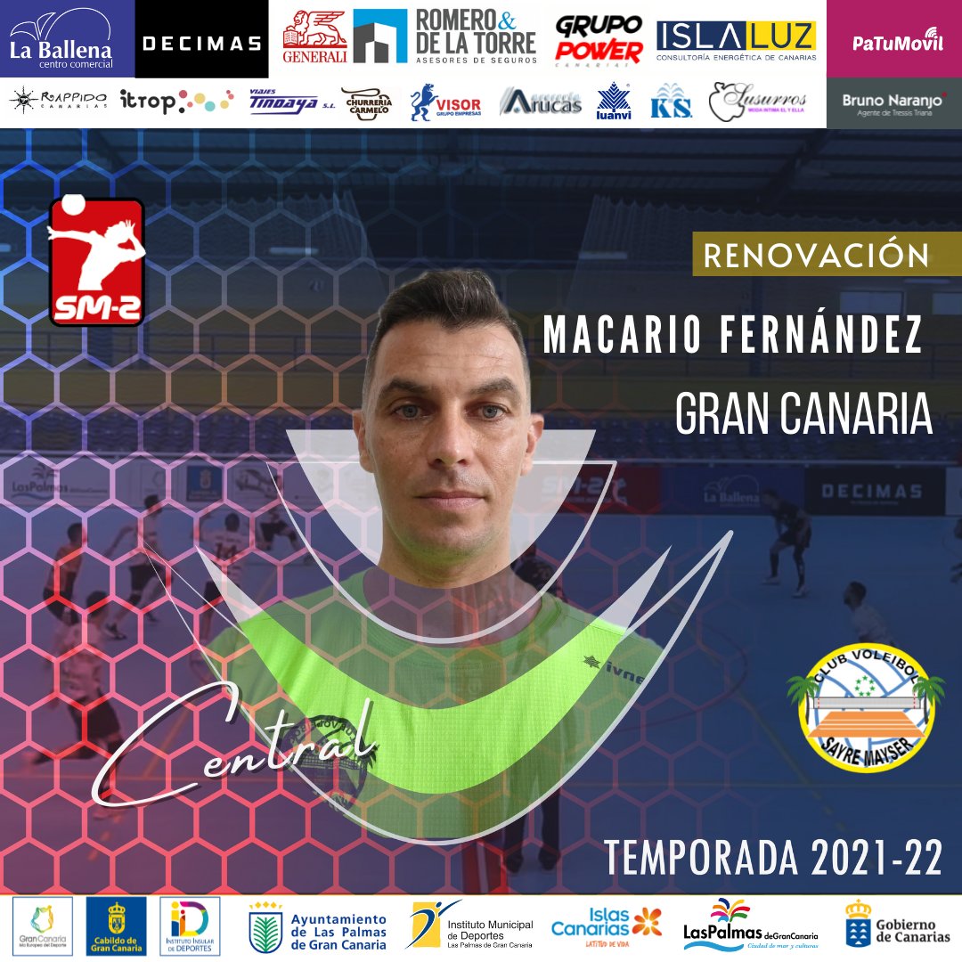 CVSayreMayserGC's tweet photo. Hoy tenemos el ORGULLO de presentar a un jugador canario con experiencia, una de esas personas que hace grupo. Macario un central que nos aportará fuera y dentro de la cancha.
.
.
¡Bienvenido Macario!
#cvsayre #somossayre #voleibol #volleyball #voleibolcanarias #GranCanaria https://t.co/w7rI6oEJUU