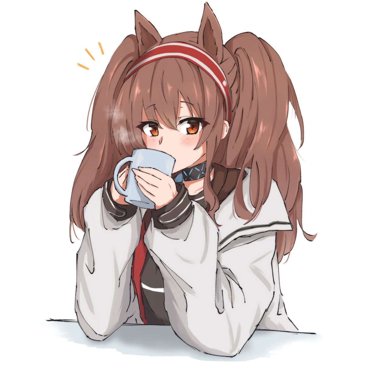 angelina (arknights) 1girl solo cup animal ears brown hair twintails holding  illustration images