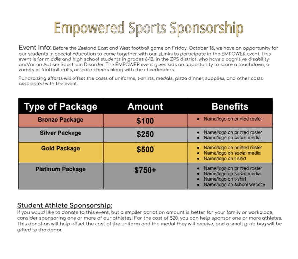 zeelandlinks's tweet photo. Planning for the EMPOWER football game is in session and we are in need of sponsors! The EMPOWER event will take place on October 15 before the East vs. West rivalry game. Check out the flyer we have posted for more sponsorship details. Hope to see you there! https://t.co/hvYFOaA0vi